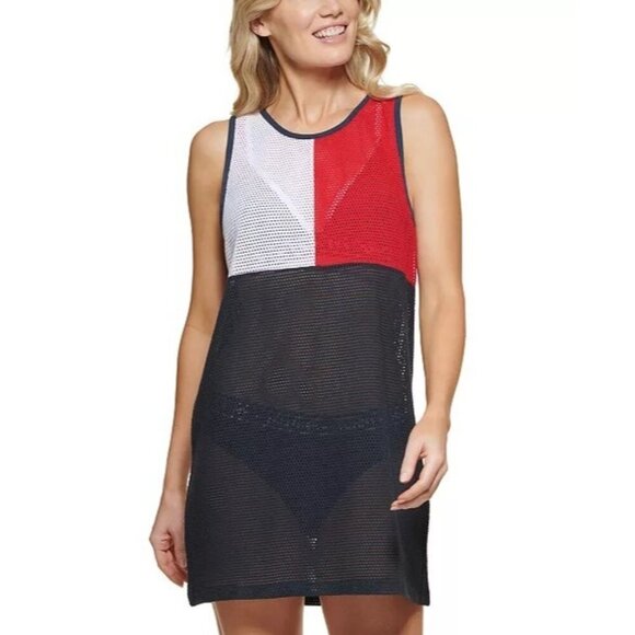 NWT TOMMY HILFIGER COLORBLOCKED PERFORATED DRESS COVER-UP SMALL - Picture 1 of 8
